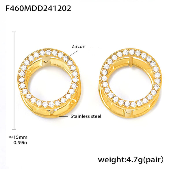 Wholesale Women's Light Luxury Texturized Stainless Steel Mixed Color Zircon Doublesided Circle Earrings Pvd Gold Plated Geometric Design
