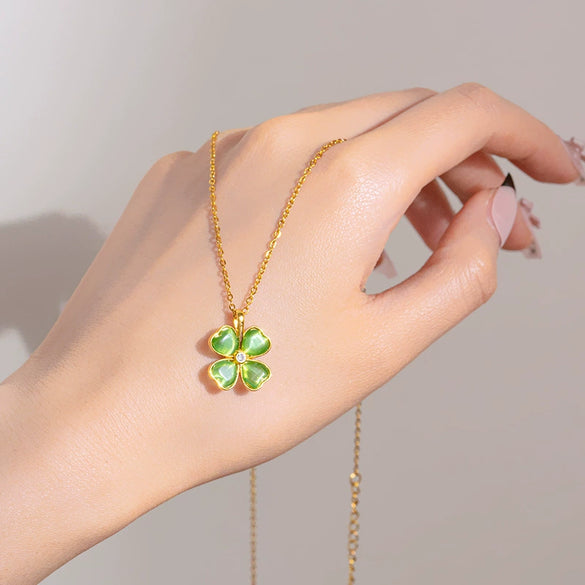 Wholesale Women's Light Luxury Titanium Steel And Copper Love Four Leaf Clover Cat's Eye Stone O Chain Necklace