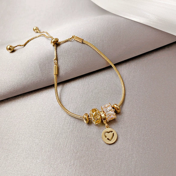 Wholesale Women's Light Luxury Titanium Steel Bracelet With Alloy Inlaid Artificial And Semiprecious Stones Microinlay Adjustable Pull And Letters Numbers Text Pattern