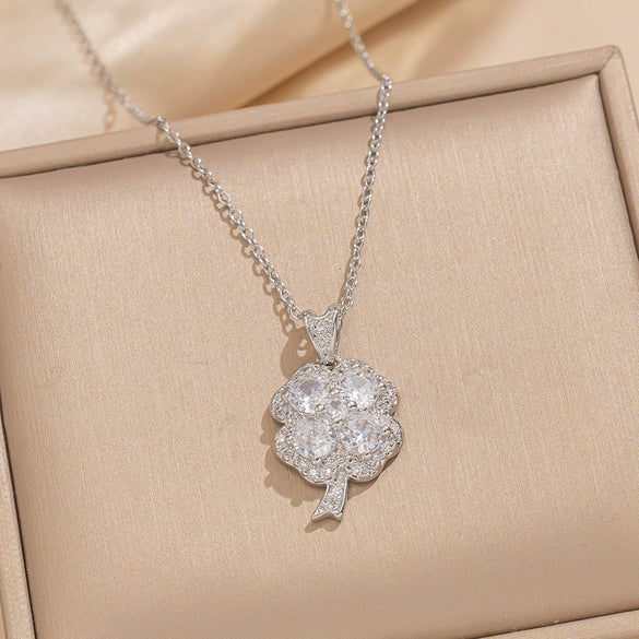 Wholesale Women's Light Luxury Titanium Steel Jewelry Set With Full Diamond Four Leaf Clover Earrings And Necklace Set With Diamonds