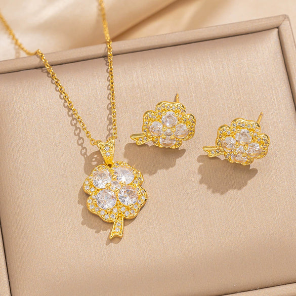 Wholesale Women's Light Luxury Titanium Steel Jewelry Set With Full Diamond Four Leaf Clover Earrings And Necklace Set With Diamonds