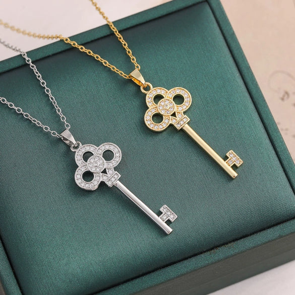 Wholesale Women's Light Luxury Titanium Steel Ochain Key Pendant Necklace With Geometric Design And Mixed Gem Inlay Electroplated