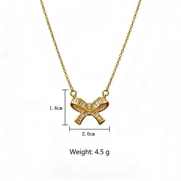 Wholesale Women's Light Luxury Titanium Steel Oshaped Chain Necklace With Copper Pendant Inlaid With Zircon In Bowknot Shape