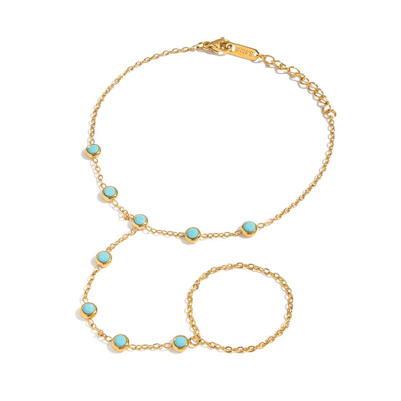 Wholesale Women's Literary Geometric Real Gold Plated Stainless Steel Turquoise Finger Chain Bracelet Jewelry