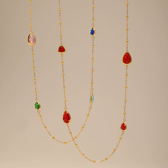 Wholesale Women's Long Necklace With Water Drop Triangle Shape Small Steel Beads And Czech Imported Glass Stainless Steel Double Layer Stacked Geometric Pattern Electroplated