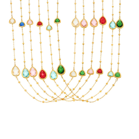 Wholesale Women's Long Necklace With Water Drop Triangle Shape Small Steel Beads And Czech Imported Glass Stainless Steel Double Layer Stacked Geometric Pattern Electroplated