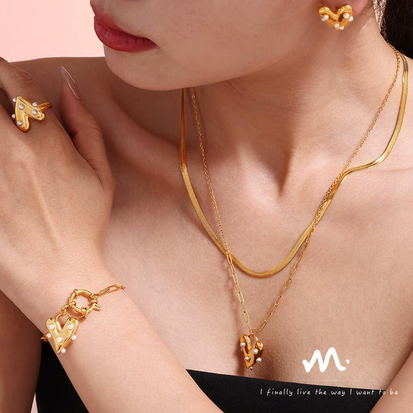 Wholesale Women's Love Imitation Pearl Jewelry Set 316L Stainless Steel Electroplated Heart Pattern Necklace Earrings Ring Bracelet