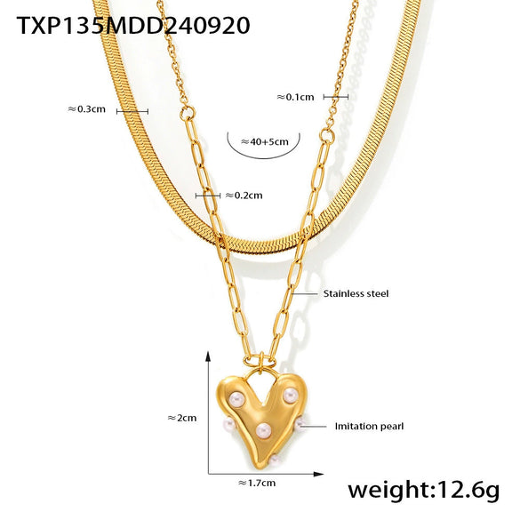 Wholesale Women's Love Imitation Pearl Jewelry Set 316L Stainless Steel Electroplated Heart Pattern Necklace Earrings Ring Bracelet