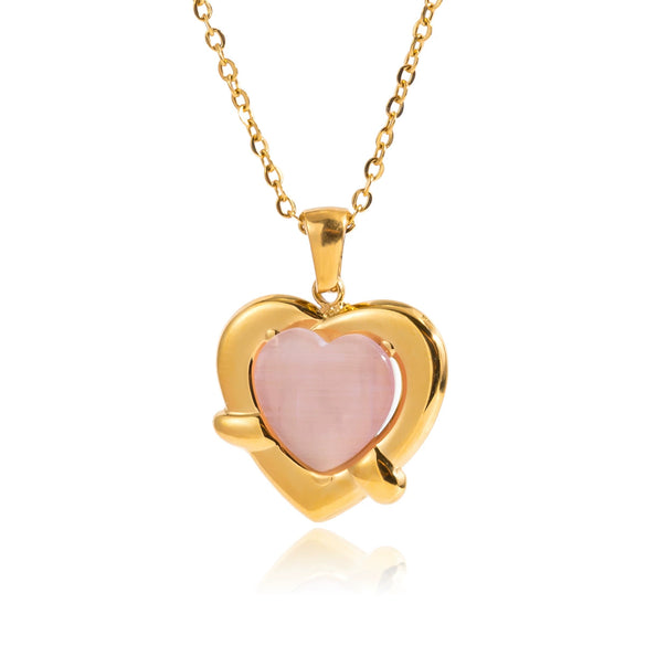 Wholesale Women's Love Shape Stainless Steel Electroplated Necklace With Pink Cat's Eye Stone