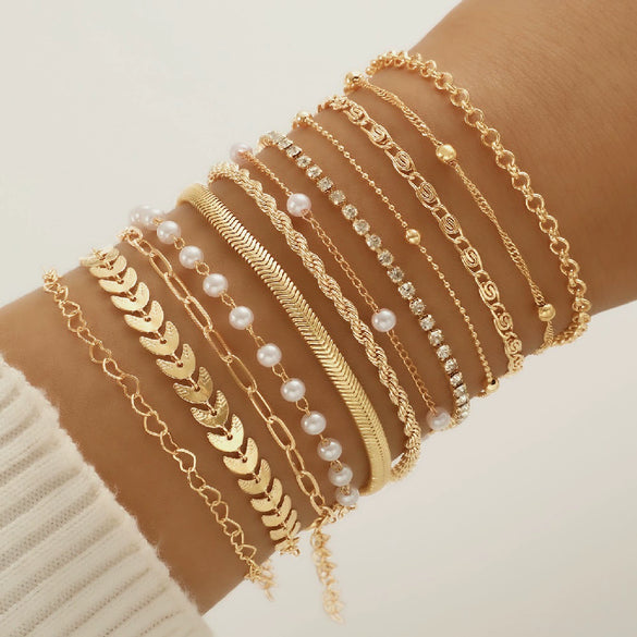 Wholesale Women's Love Twist Chain Bracelet Set With Imitation Pearls Heart Shape Pattern Electroplated Aircraft Chain