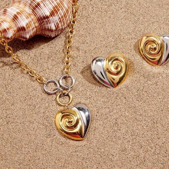 Wholesale Women's Lovethemed Titanium Steel And Stainless Steel Jewelry Set With Heart Drop Bell Patterns Electroplated