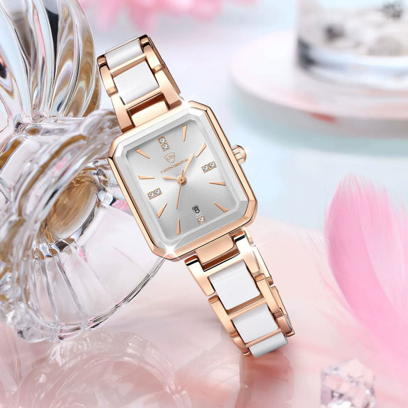 Wholesale Women's Luxury Diamond Square Waterproof Quartz Watch With Stainless Steel Clasp Resin Strap And Alloy Case