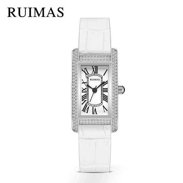Wholesale Women's Luxury Fashion Quartz Watch With Alloy Case Genuine Leather Strap And Stainless Steel Buckle Embedded With Diamonds Rectangular Dial