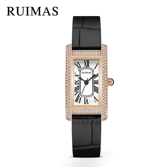 Wholesale Women's Luxury Fashion Quartz Watch With Alloy Case Genuine Leather Strap And Stainless Steel Buckle Embedded With Diamonds Rectangular Dial