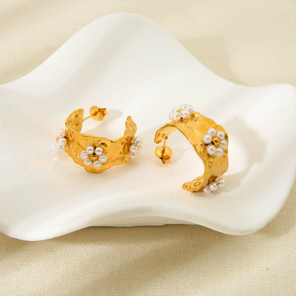 Wholesale Women's Luxury 18K Gold Plated Stainless Steel C Shaped Flower Earrings Set With Pearls And Diamonds