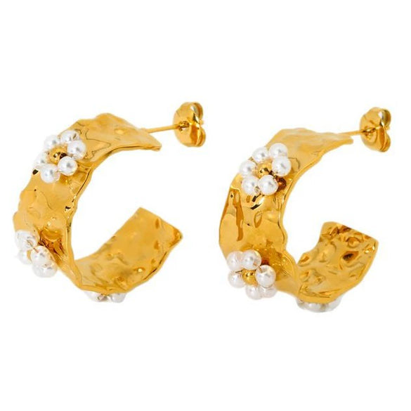Wholesale Women's Luxury 18K Gold Plated Stainless Steel C Shaped Flower Earrings Set With Pearls And Diamonds