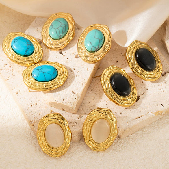 Wholesale Women's Luxury Oval Titanium Steel Earrings Inlaid With Natural Stone Geometric Style 18K Gold Plated