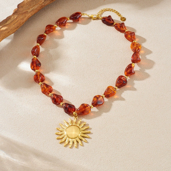 Wholesale Women's Maillard Geometric Irregular Beaded Goldplated Stainless Steel Sun Pendant Necklace
