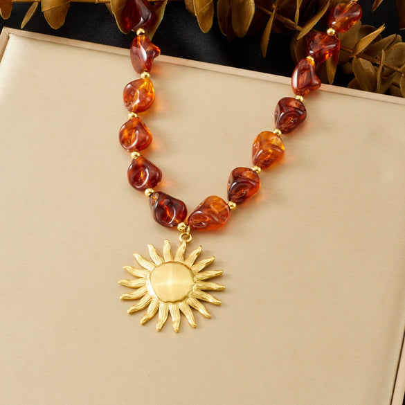 Wholesale Women's Maillard Geometric Irregular Beaded Goldplated Stainless Steel Sun Pendant Necklace