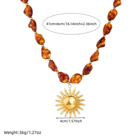 Wholesale Women's Maillard Geometric Irregular Beaded Goldplated Stainless Steel Sun Pendant Necklace
