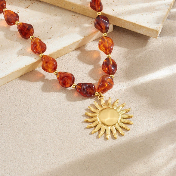 Wholesale Women's Maillard Geometric Irregular Beaded Goldplated Stainless Steel Sun Pendant Necklace