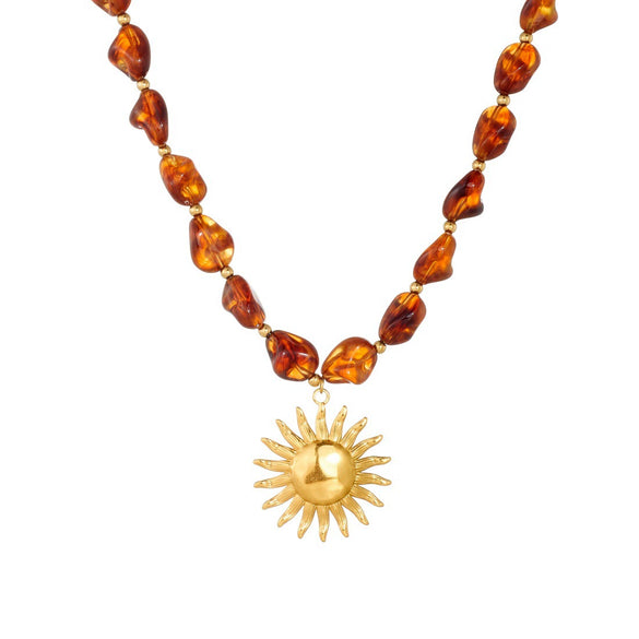 Wholesale Women's Maillard Geometric Irregular Beaded Goldplated Stainless Steel Sun Pendant Necklace