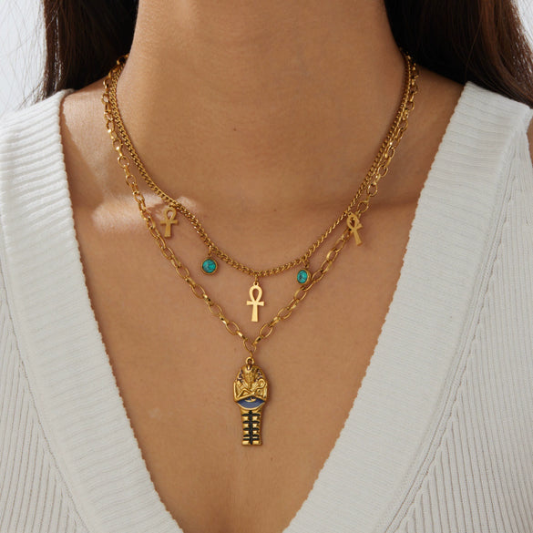Wholesale Women's Maillard Style Doublelayered Goldplated Stainless Steel Cross Pendant Necklace Choker