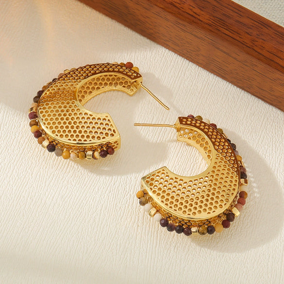 Wholesale Women's Maillard Style Geometric Copper Mesh Earrings Real Gold Electroplated