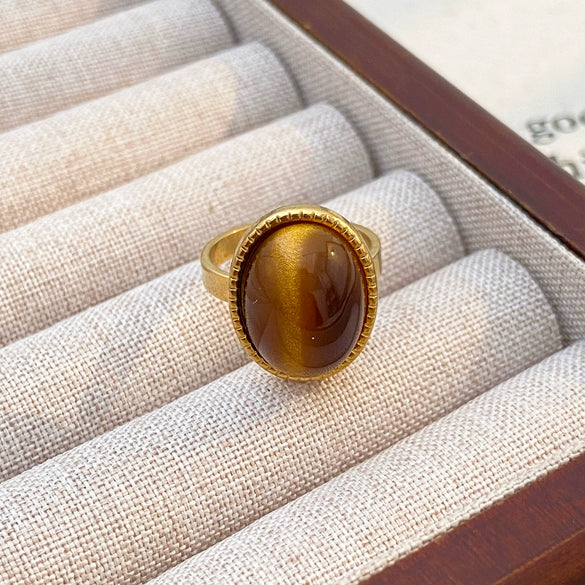 Wholesale Women's Maillard Style Geometric Stainless Steel Electroplated Tiger Eye Opening Adjustable Ring