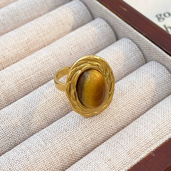 Wholesale Women's Maillard Style Geometric Stainless Steel Electroplated Tiger Eye Opening Adjustable Ring