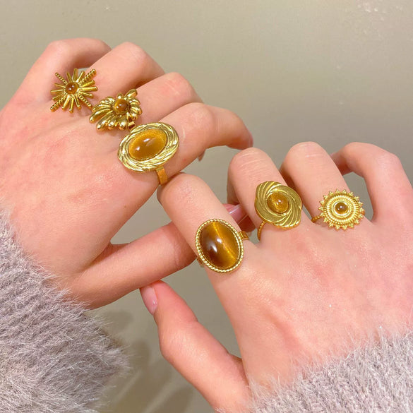 Wholesale Women's Maillard Style Geometric Stainless Steel Electroplated Tiger Eye Opening Adjustable Ring