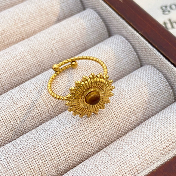 Wholesale Women's Maillard Style Geometric Stainless Steel Electroplated Tiger Eye Opening Adjustable Ring