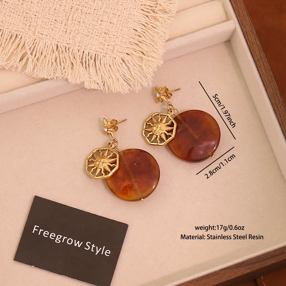 Wholesale Women's Maillard Style Geometric Tiger Eye Real Gold Plated Titanium Steel Earrings
