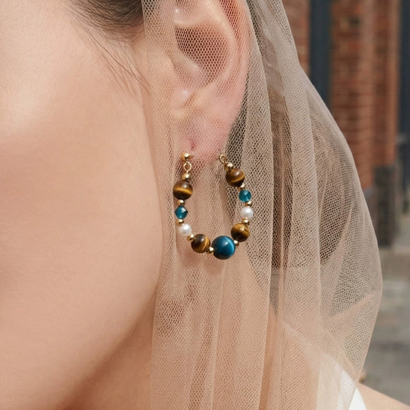 Wholesale Women's Maillard Style Geometric Tiger Eye Stone Imitation Pearl Stainless Steel Electroplated Earrings