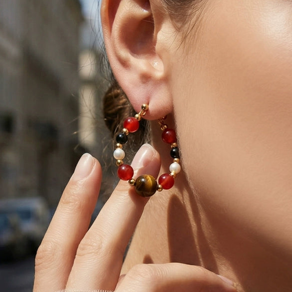 Wholesale Women's Maillard Style Geometric Tiger Eye Stone Imitation Pearl Stainless Steel Electroplated Earrings