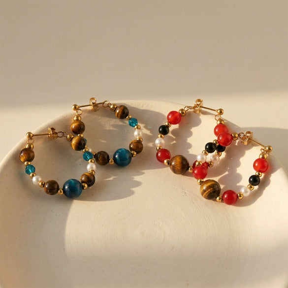 Wholesale Women's Maillard Style Geometric Tiger Eye Stone Imitation Pearl Stainless Steel Electroplated Earrings