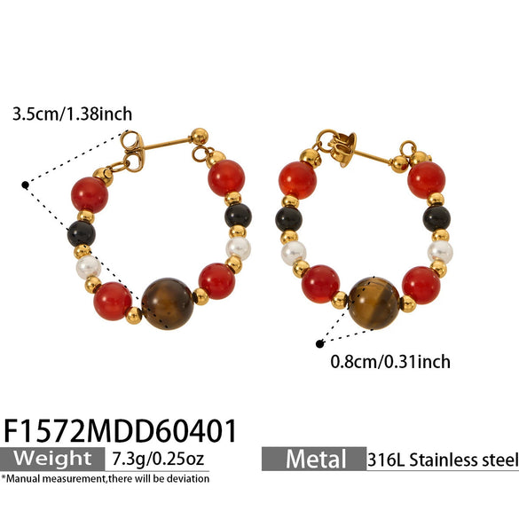 Wholesale Women's Maillard Style Geometric Tiger Eye Stone Imitation Pearl Stainless Steel Electroplated Earrings