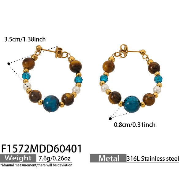 Wholesale Women's Maillard Style Geometric Tiger Eye Stone Imitation Pearl Stainless Steel Electroplated Earrings