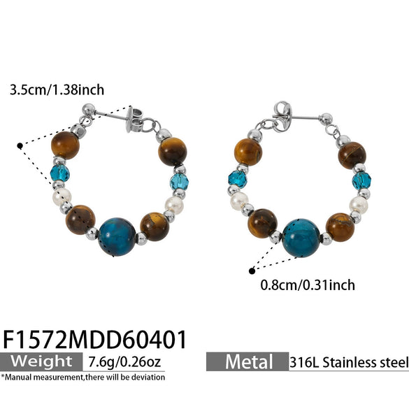 Wholesale Women's Maillard Style Geometric Tiger Eye Stone Imitation Pearl Stainless Steel Electroplated Earrings