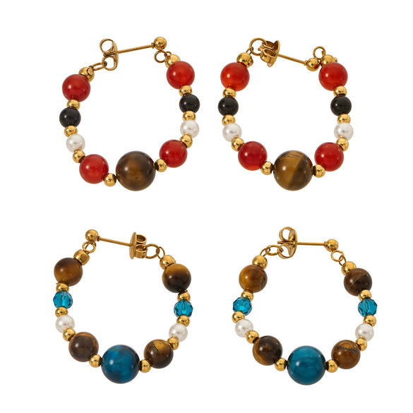 Wholesale Women's Maillard Style Geometric Tiger Eye Stone Imitation Pearl Stainless Steel Electroplated Earrings