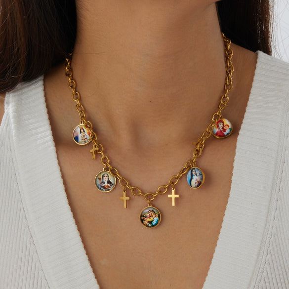 Wholesale Women's Maillard Style Gold Plated Cross Pendant Necklace With Round Portrait Pattern Stainless Steel Oshaped Chain