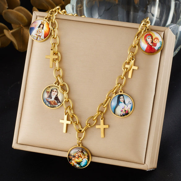 Wholesale Women's Maillard Style Gold Plated Cross Pendant Necklace With Round Portrait Pattern Stainless Steel Oshaped Chain