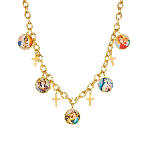 Wholesale Women's Maillard Style Gold Plated Cross Pendant Necklace With Round Portrait Pattern Stainless Steel Oshaped Chain