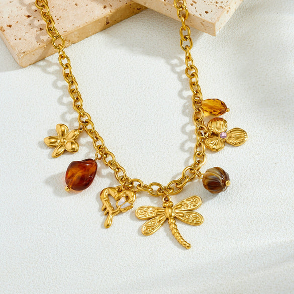 Wholesale Women's Maillard Style Gold Plated Stainless Steel Insect Heart Flower Pendant Oshaped Chain Necklace