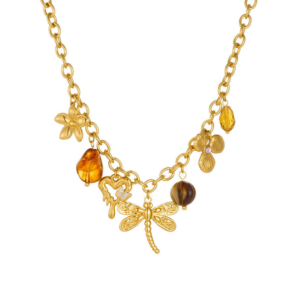 Wholesale Women's Maillard Style Gold Plated Stainless Steel Insect Heart Flower Pendant Oshaped Chain Necklace