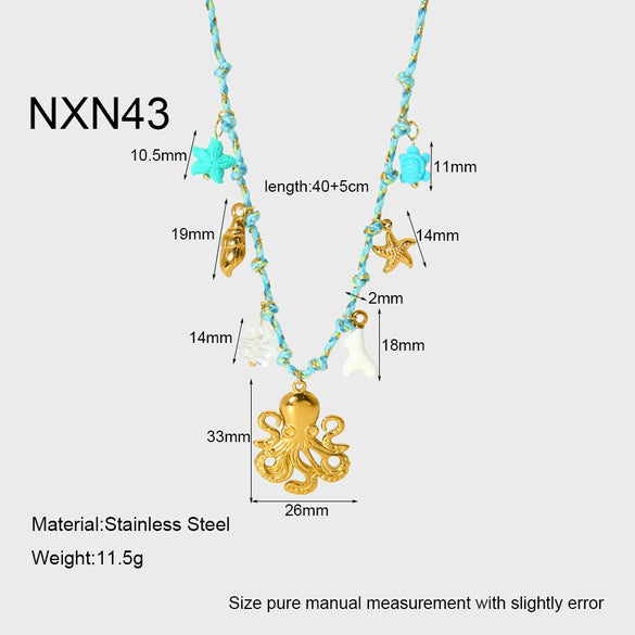 Wholesale Women's Marine Jewelry Octopus And Starfish Geometric Animal Zodiac Stainless Steel Titanium Steel Goldplated Pendant Braided Rope Clavicle Necklace