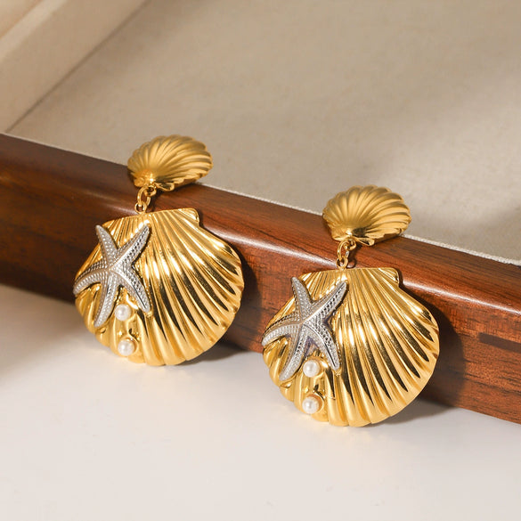 Wholesale Women's Marine Style Stainless Steel Shell Starfish Earrings With Geometric Design And Electroplating