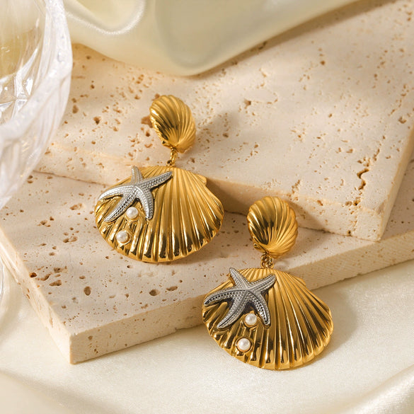 Wholesale Women's Marine Style Stainless Steel Shell Starfish Earrings With Geometric Design And Electroplating