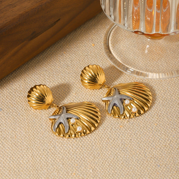 Wholesale Women's Marine Style Stainless Steel Shell Starfish Earrings With Geometric Design And Electroplating
