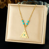 Wholesale Women's Medieval Geometric Blue Turquoise Rhinestone Eye Pattern Triangular Pendant Stainless Steel Electroplated Necklace